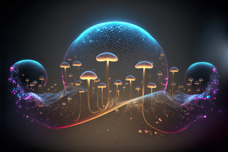 Neon colored magic mushrooms grow in space on a digital wave. Abstract background for music and digital concept. Generative and illustrationの写真素材