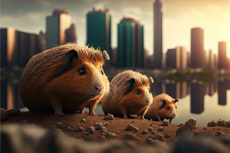 and Team of three brave guinea pigs posing. the city in the background. Generative and illustrationの写真素材