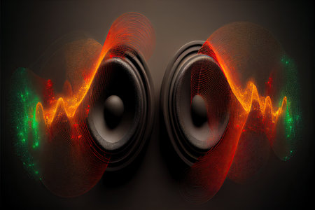 Speakers and sound waves oscillating. Technology futuristic background. Generative and illustrationの写真素材