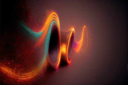 Speakers and sound waves oscillating. Technology futuristic background. Generative and illustrationの写真素材