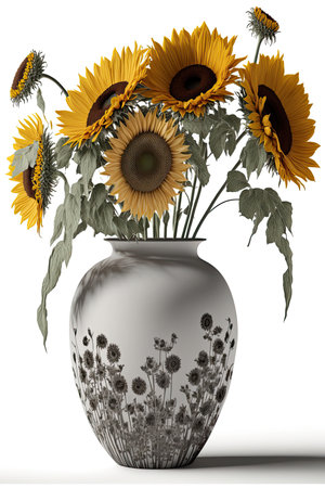 Flower bouquet of sunflowers in a vase isolated on white background. Generative and illustrationの写真素材