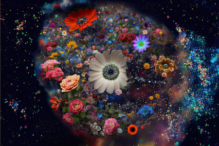 Flower planet. Beautiful colorful neon flowers with space background. Valentine, birthday or wedding...