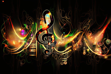 Wave lines trails flowing dynamic in different colors isolated on black background. musical key and note. Abstract futuristic background, digital sound design concept. Generative and othersの写真素材