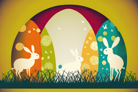 Easter paper bunnies, abstract Easter greeting card. Funny bunnies. Generative and illustrationの写真素材