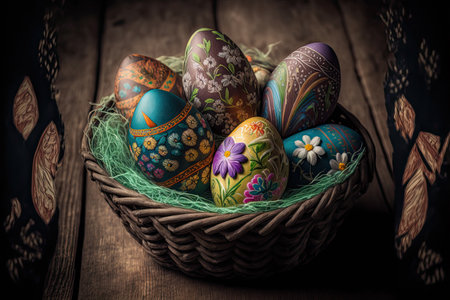 Decorated Eggs Arranged Over a Rustic Wooden Background. Festive and Traditional Nature of the Holiday. Generative and illustrationの写真素材
