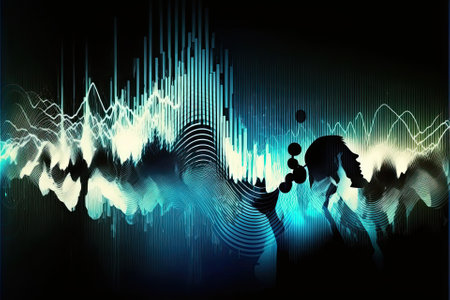 Abstract background with equalizer effect. Neon lights. Sound waves. Event flayer. Dance party. Generative AIの写真素材