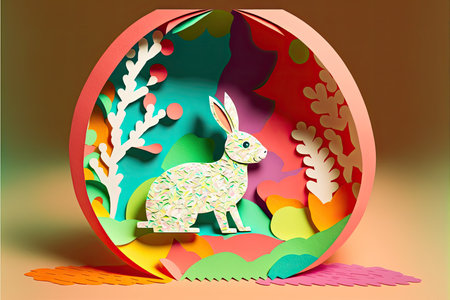 Paper cut style with rabbit and easter egg in the grass. Easter festive decoration. Generative and illustrationの写真素材