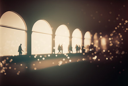 blurred scene of silhouettes of people in an archway. Night lighting and light reflecting off the rain. Generative and illustrationの写真素材