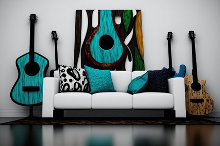 modern white sofa in clean room with colorful pillows and musical instruments, guitars as decoration. Abstract painting on the wall. Generative and othersの写真素材