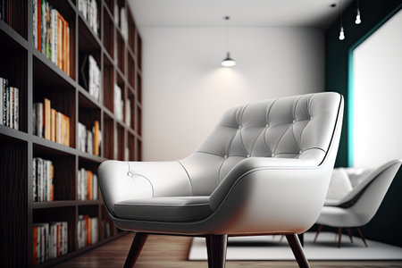 Empty modern comfortable chair in living room with bookcase. Generative and renderの写真素材