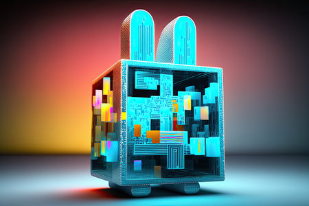 Abstract electronic hare or rabbit in a cube with digital components. Generative and illustrationの写真素材