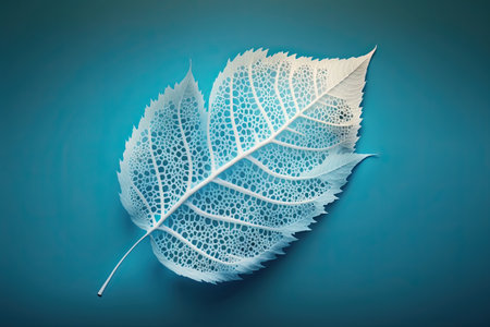 Abstract white tree leaf isolated on blue background. Generative and othersの写真素材