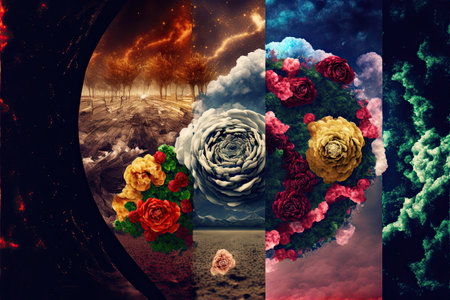 Collage showing different conditions on planet earth. Floral design Generative ai illustrationの写真素材