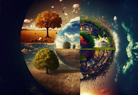 Collage showing different conditions on planet earth. Generative and illustrationの写真素材