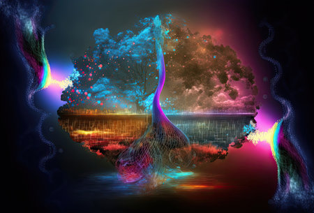 Abstract background showing energy tree and landscape. Generative and illustrationの写真素材