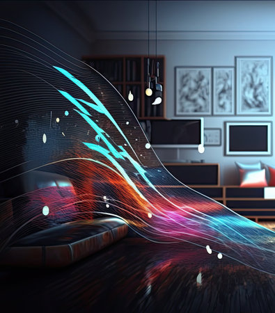 A modern living room through which a digital wave full of colors passes. generative etc