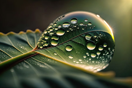 A drop of water on a green leaf with dew drops on its leaves and grass in the background. Generative...