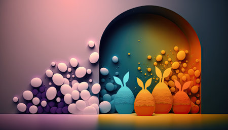 Easter background with colorful eggs and bunnies as eggs. Generative and illustration