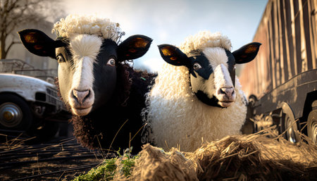 Two sheep are looking into the camera. Generative and illustrationの写真素材