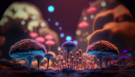Unusual illustration of magic mushrooms Suitable for a music flayer. Generative and illustrationの素材