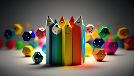 Abstract colorful crayons with a smile and colorful smiling cubes. Generative and illustrationの素材