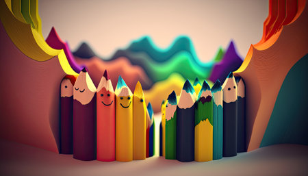 Colored crayons with a smile in an abstract crayon landscape. Generative and illustrationの素材