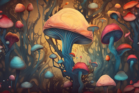 Abstract world of mushrooms. Visually captivating mushroom environment with watercolors. Generative and illustrationの素材