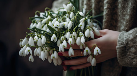 Female hands holding snowdrops. Generative and othersの素材