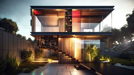 View of a luxurious modern house with bi windows. Generative and othersの素材