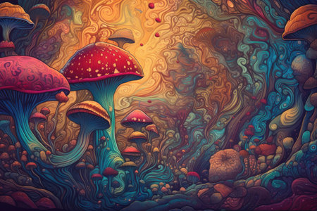 The crazy world of mushrooms. Generative and illustrationの素材
