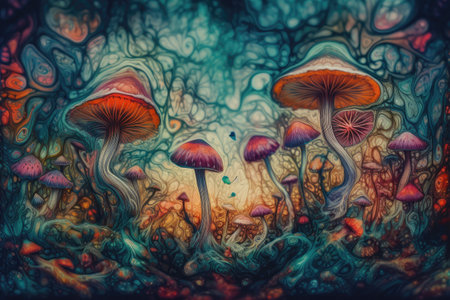 Magic mushrooms in the mysterious environment. Generative and illustrationの素材
