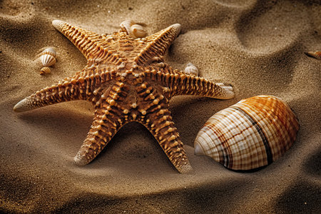 Starfish and shell on sand beach and wave ocean with sunset skyの素材