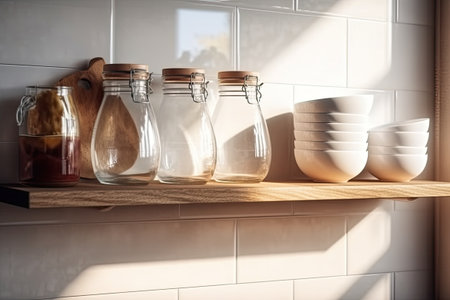 Kitchen wooden shelf with glass jars. Generative and othersの素材