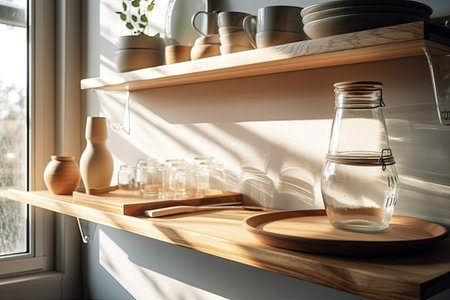 Kitchen wooden shelf with glass jars. Generative and othersの素材