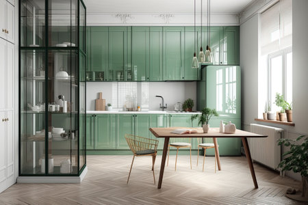 White and green design kitchen cabinet, dining room sunlight from window Generative AIの素材