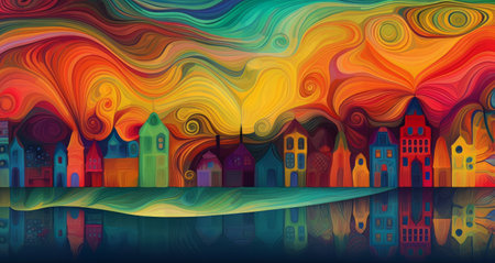 Painted colorful houses reflected in the lake with a slight psychedelic touch.の素材