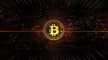 Bitcoin with glowing lights..Gold bitcoin symbol. Coins on black background. Generative and othersの素材