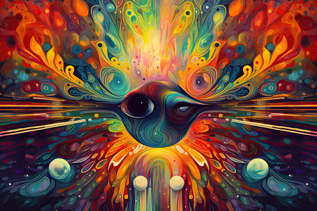 A colorful psychedelic painting with an object resembling a face. Generative and illustrationの素材