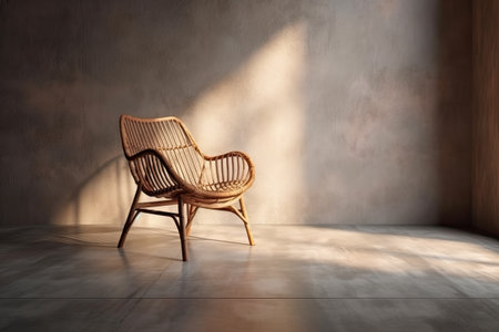 A wicker chair in an empty room illuminated by sunlight. Generative and othersの素材