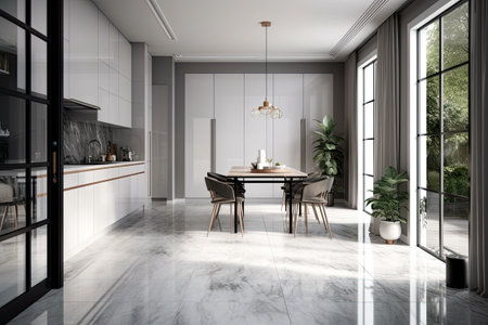 Modern and bright kitchen with a dining area. Generative AIの素材