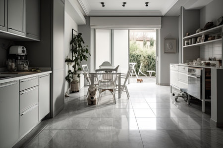 Modern and bright kitchen with a dining area. Generative AIの素材
