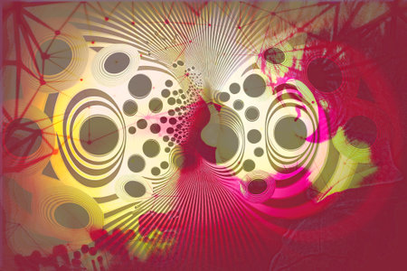 abstract modern green and gray psychedelic background with different circles and linesの素材