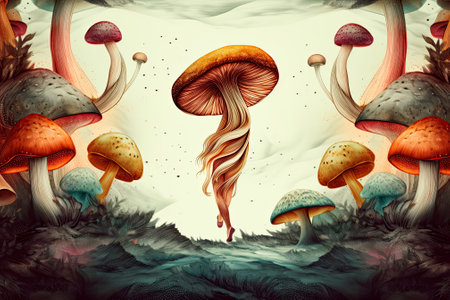 digital rendering of psychedelic mushrooms, with vibrant and surreal colors, representing their hallucinogenic properties and cultural significance. Generative and othersの素材