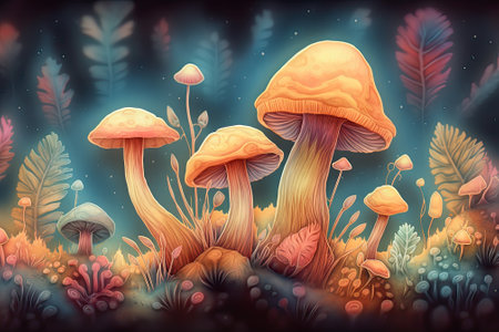digital rendering of psychedelic mushrooms, with vibrant and surreal colors, representing their hallucinogenic properties and cultural significance. Generative and othersの素材