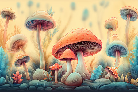 digital rendering of psychedelic mushrooms, with vibrant and surreal colors, representing their hallucinogenic properties and cultural significance. Generative and othersの素材