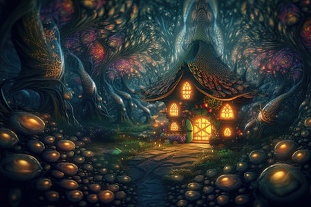 Mysterious forest scene. A magical fairy tree house in a psychedelic setting. Generative and othersの素材