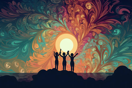 Three people, family or friends stand on the island and raise their hands to the sky. Psychedelic and fantasy illustrated backgrounds. Generative and othersの素材
