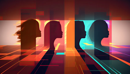 Silhouettes of girls' faces in an abstract colorful room. Generative and othersの素材