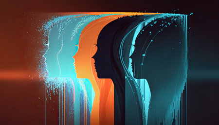 Overlaid silhouettes of faces of different colors. Generative and othersの素材