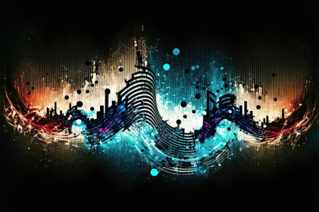 Abstract background with equalizer effect. Neon lights. Sound waves. Event flayer. Dance, house, techno party. Generative AIの素材
